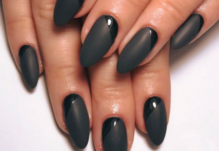 matte and glossy black manicure design long nails
