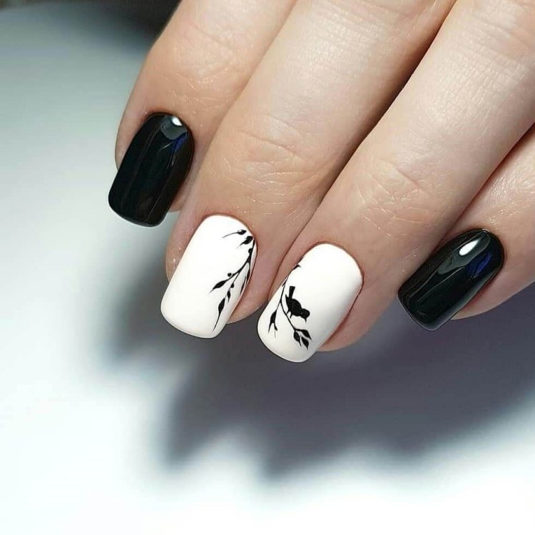 black white nail leaves design plain simple