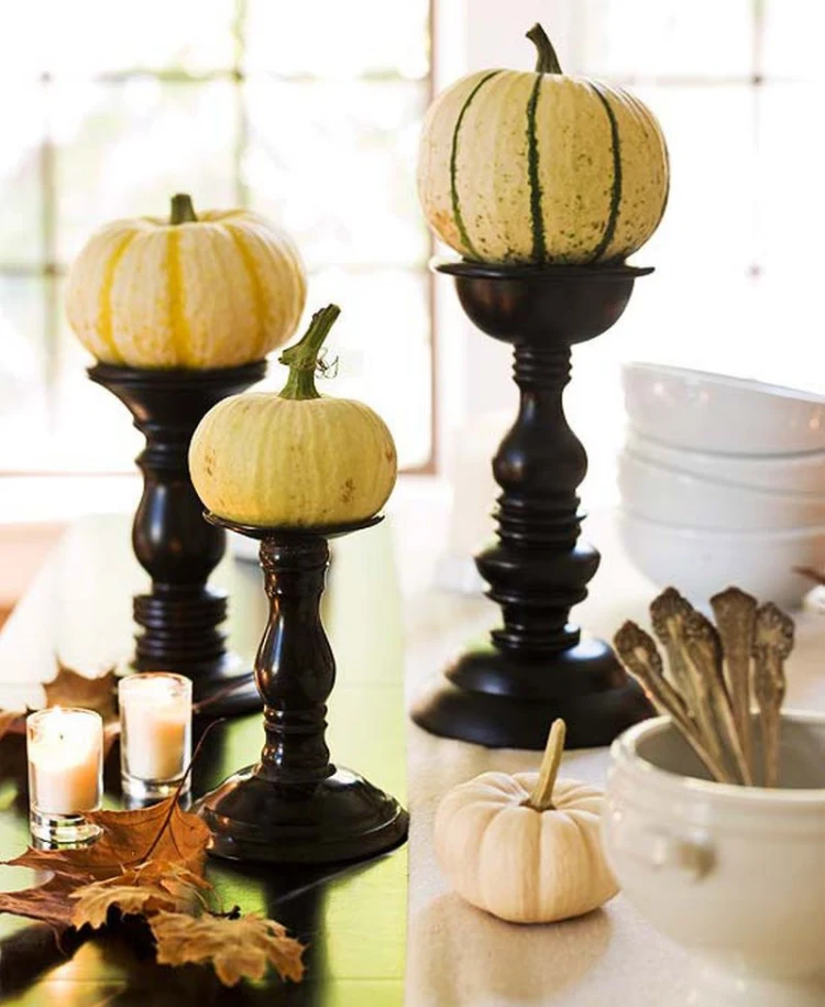 centrepiece repurposed candle holders pumpkin leaves fall table decor
