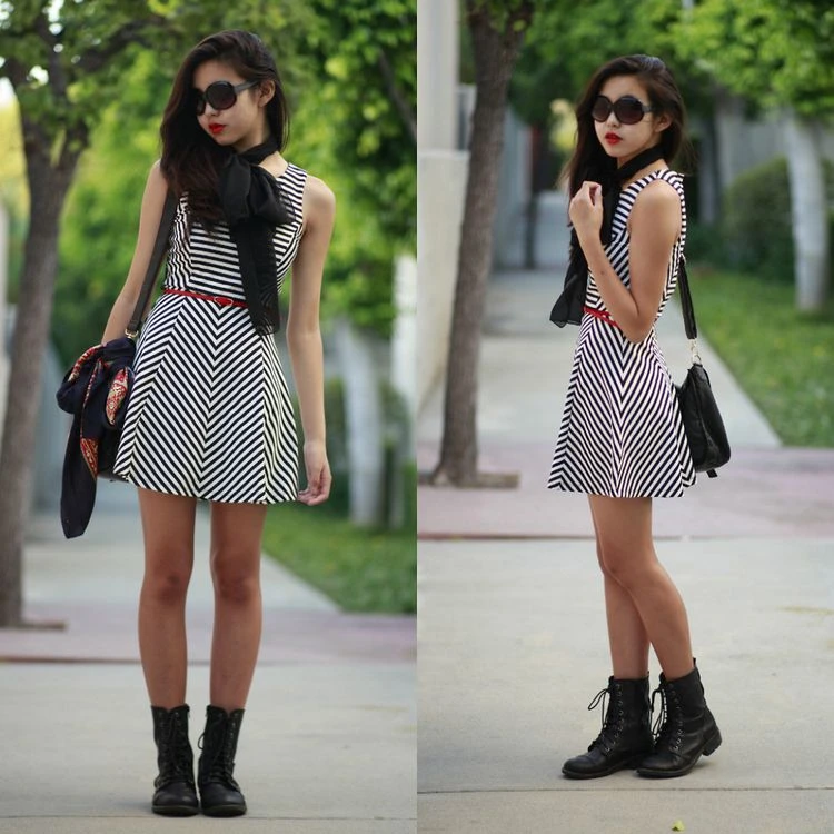 combine lace up boots with an elegant dress modern outfits