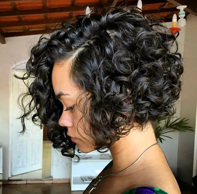 curly a-line bob hairstyle dark short hair
