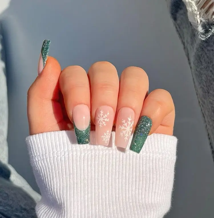 december nails 2022 current trends art design manicure green white snowflakes ballerina coffin shape long
