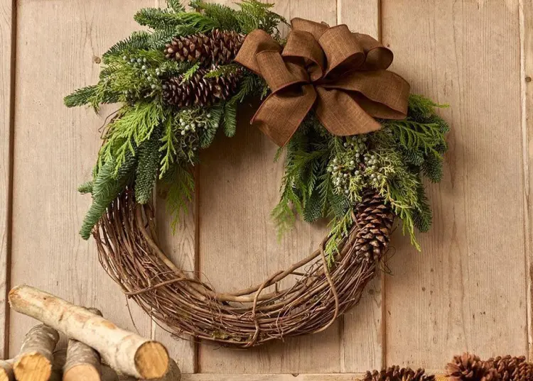 diy wreath idea tree trimmings grapevine conifer jute ribbon rustic