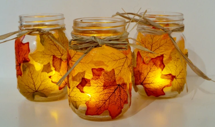 fall candle holders leaves strigs of hay glass jar