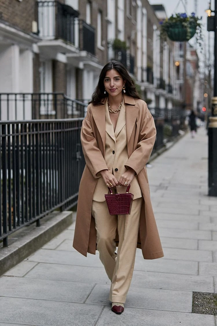 fall outfits with trench coat and pants in coordinated colors