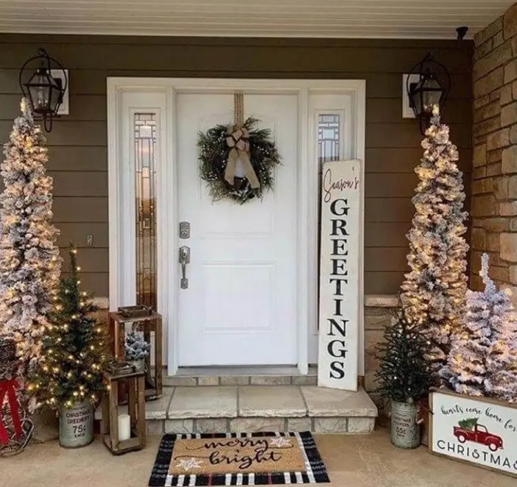 front porch decoration for christmas 2022 cozy cute trendy simple lights wreath trees wood