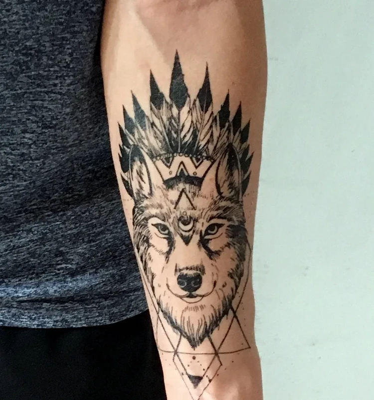 geometric tattoo wolf head forearm men