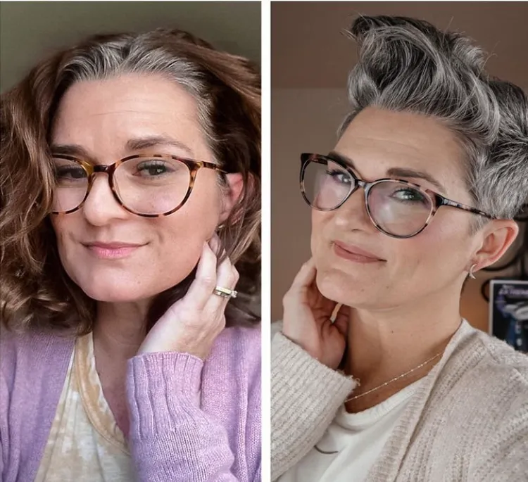 gray hair pixie cut woman after 50 years old