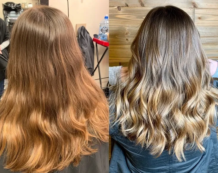 honey balayage on chestnut brown hair before after