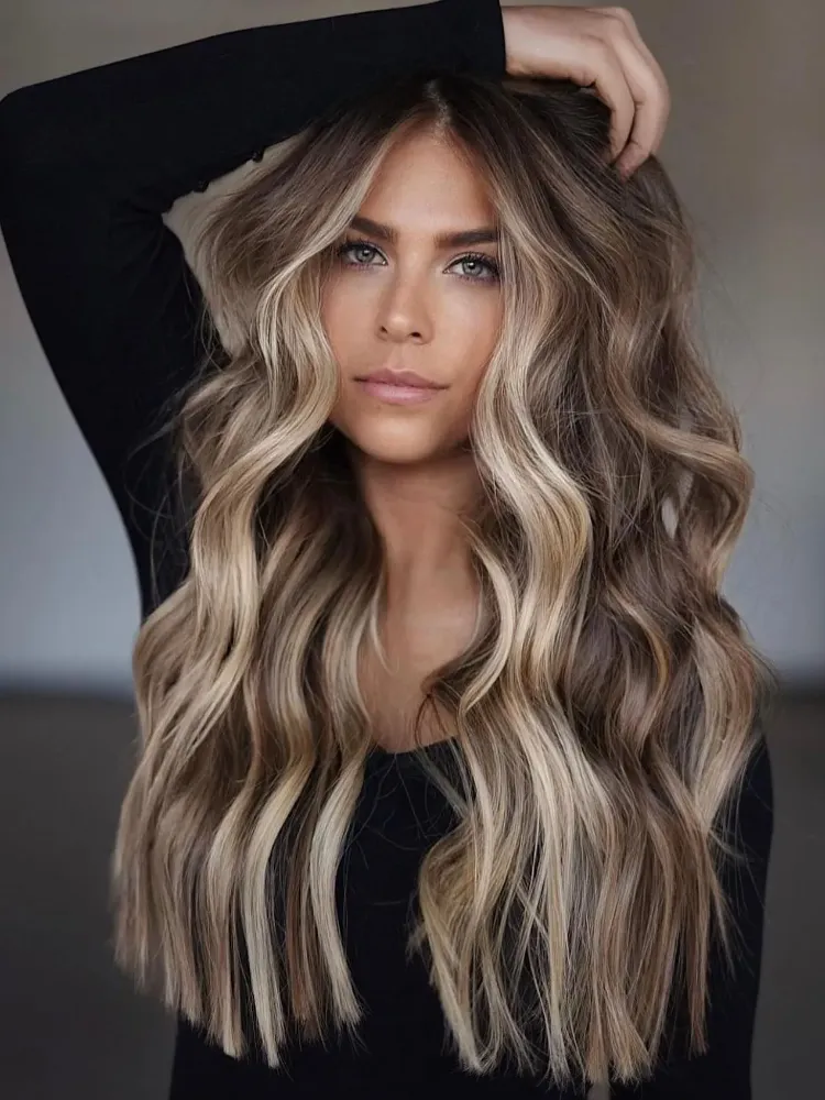 honey blonde balayage on long chestnut brown hair