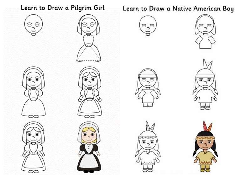 how to draw a pilgrim and native american step by step tutorial