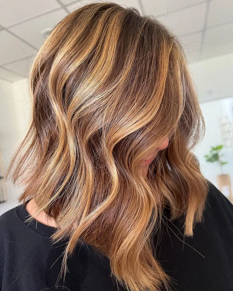 long bob haircut light brown hair honey balayage caramel highlights