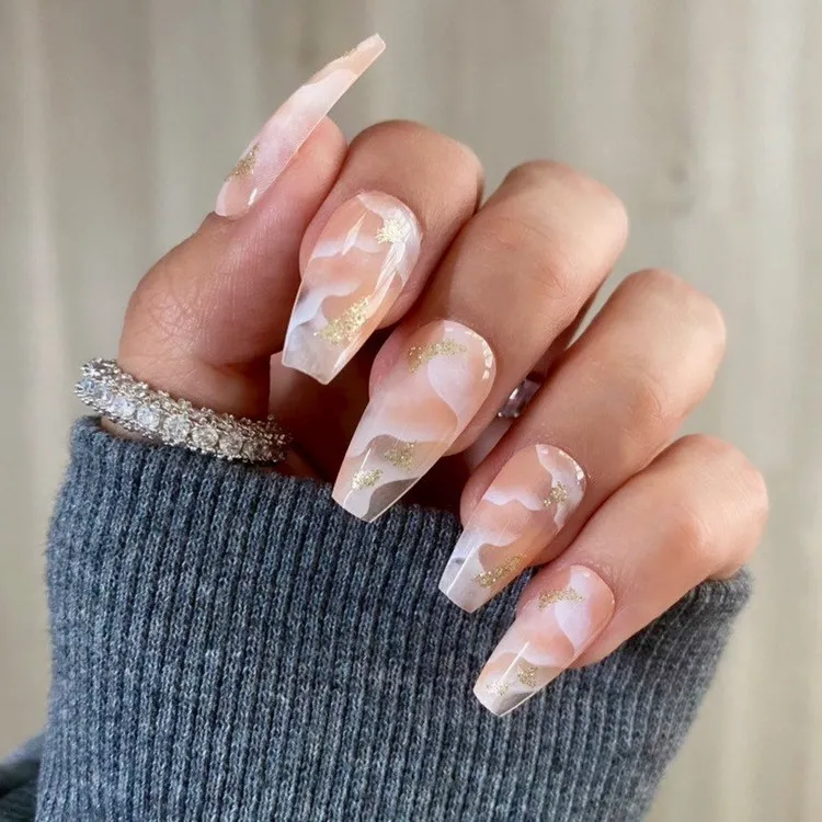 nude nails 2022 marble effect coffin nails