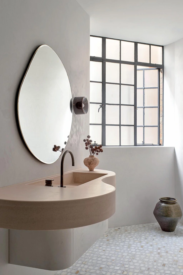 oval shapes with modern design in retro style in a minimalist style bathroom