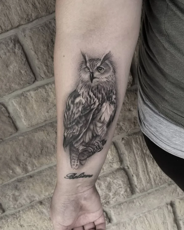 owl tattoo graphic men forearm
