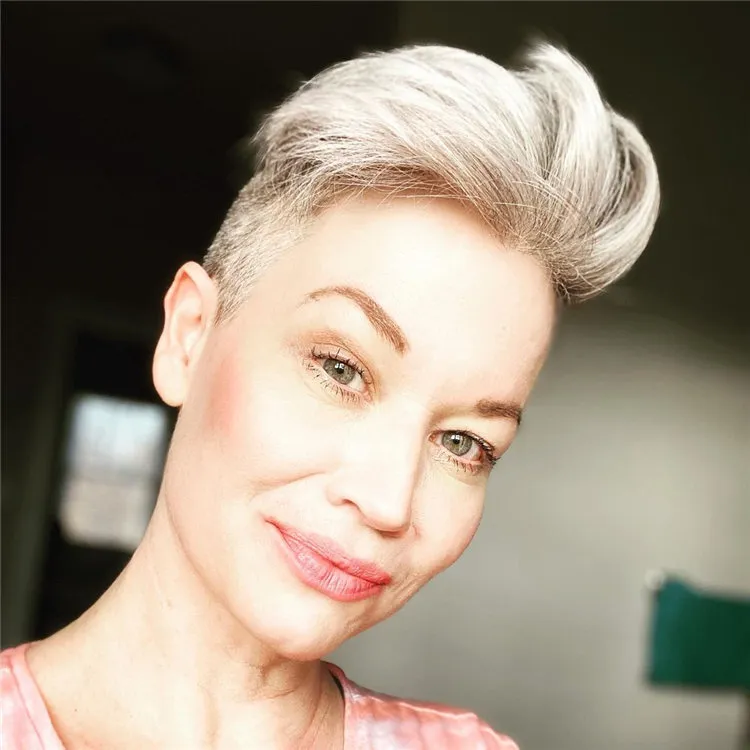 pixie cut woman 50 year old blond silver color
