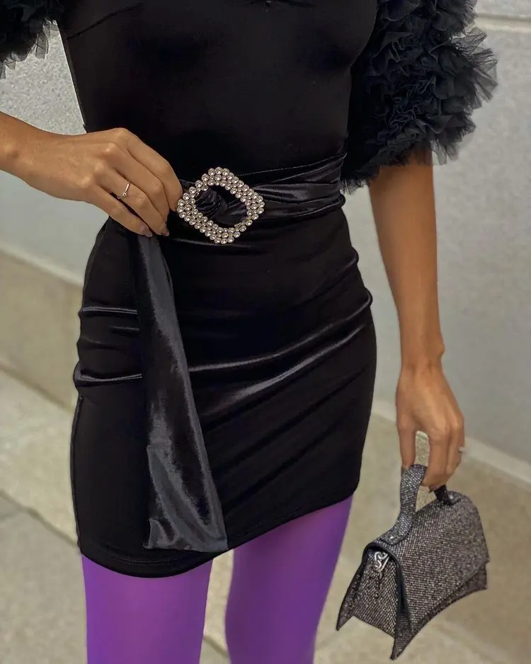 purple tights with a black dress new trend 2022 holiday fashion outfits mini bag all trends how to look elegant