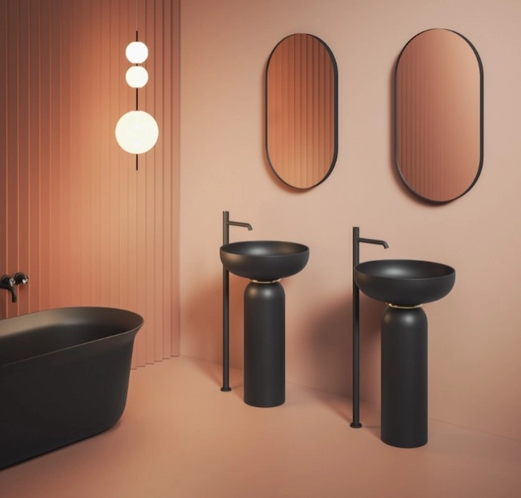 salmon and pink with beige and contrasting black in contemporary bathrooms