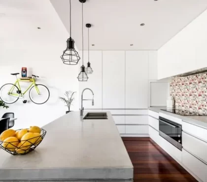 simple white cabinets kitchen with concrete industrial vibes style interior design