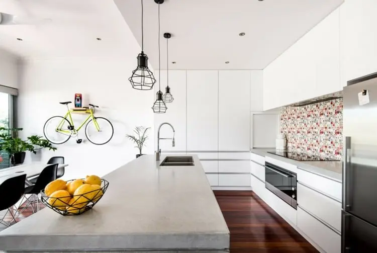 simple white cabinets kitchen with concrete industrial vibes style interior design
