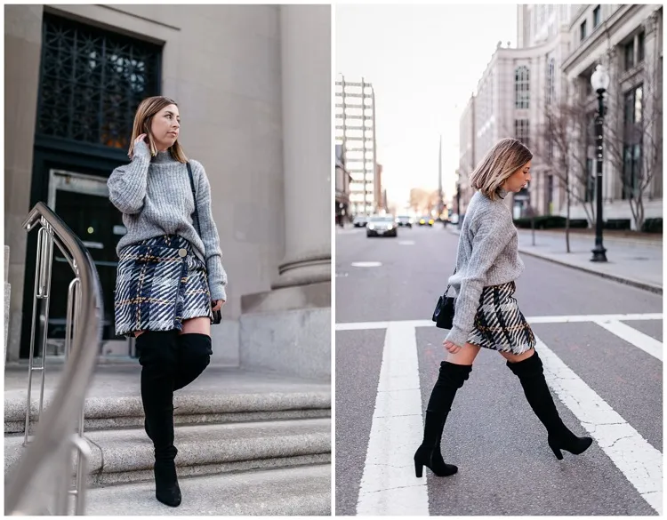 short chic tweed black and white skirt fashion trend women 40 or 50 years winter 2023