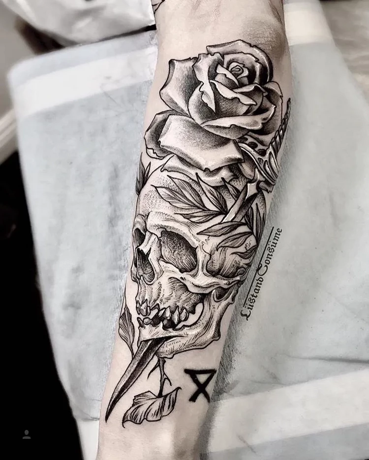 skull with rose graphic style idea forearm tattoo
