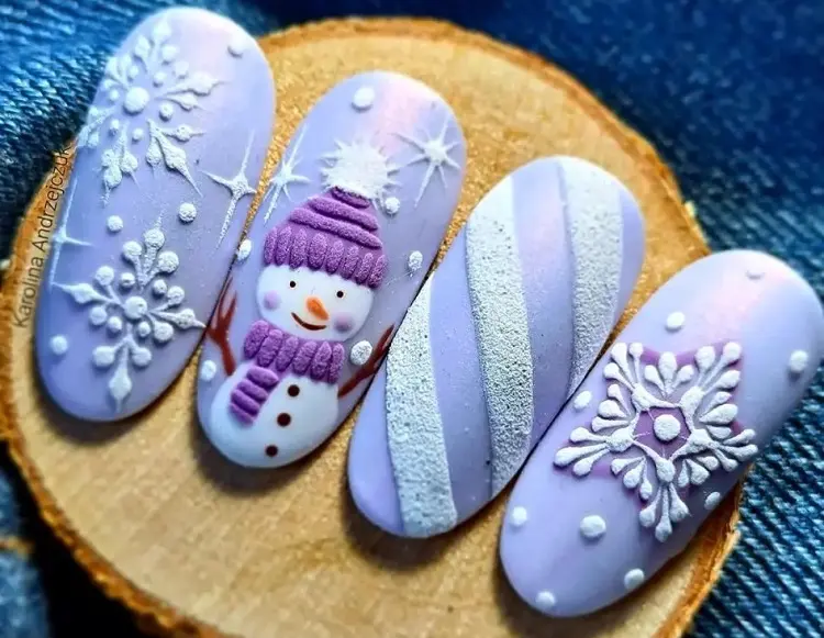 snowman winter christmas nails art purple shade very trendy cute ideas colors