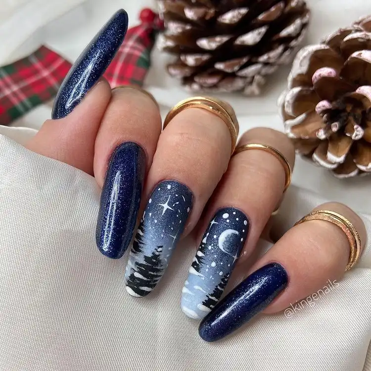 snowy christmas night nail art long nails navy blue and white shades december trends 2022