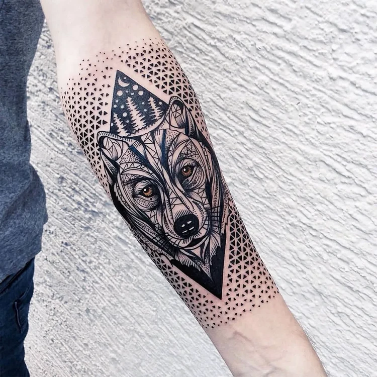 tattoo man forearm graphic wolf head