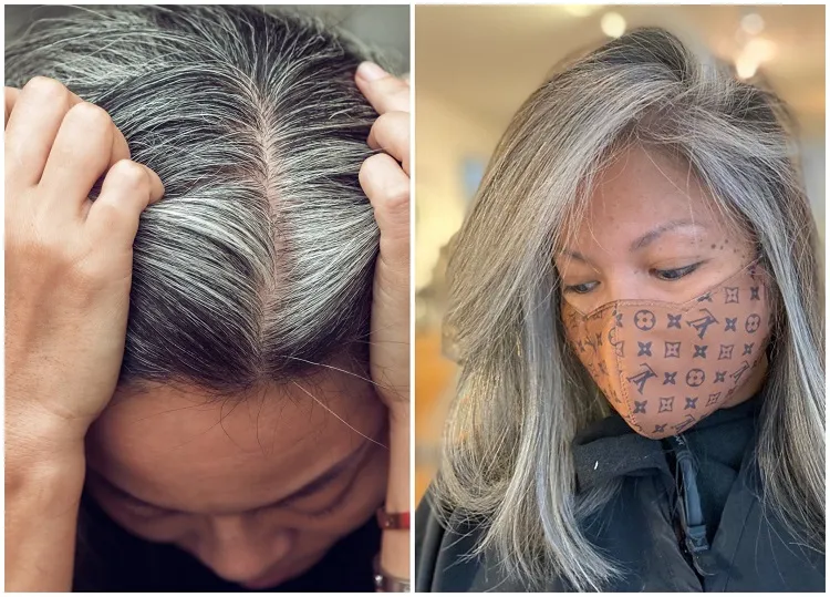 what balayage on grey white hair woman 50 years plus technique trend coloration grey blending
