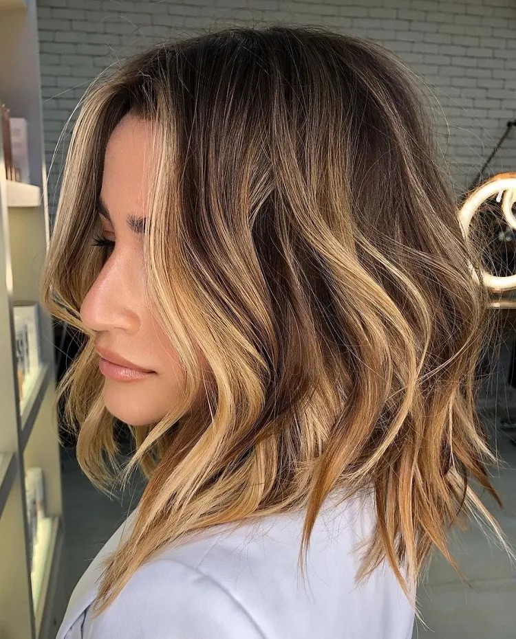 what hairstyle for honey blonde balayage on dark brown hair