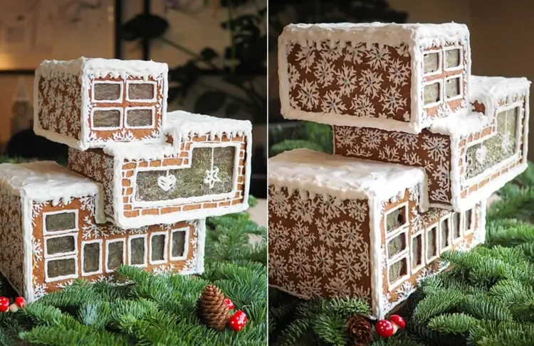 modern gingerbread house with window fronts and snowflake facade
