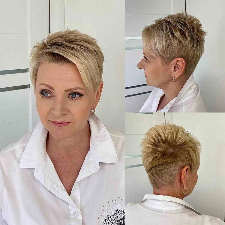 Corte de pelo asimétrico con líneas afeitadas para mujeres modernas mayores de 50 años.