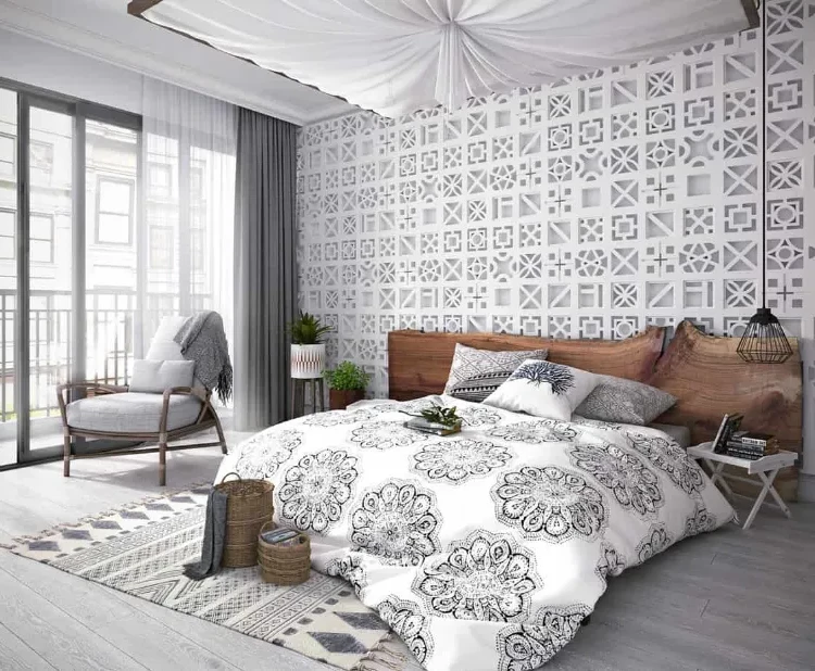 Tendencias decoración dormitorio 2023 cabecero madera gris blanco