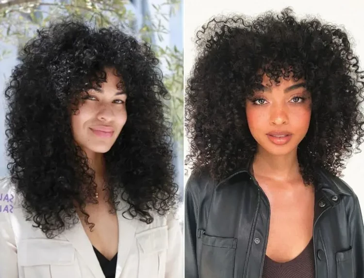 Bottleneck bangs for curly hair properly styled with a diffuser