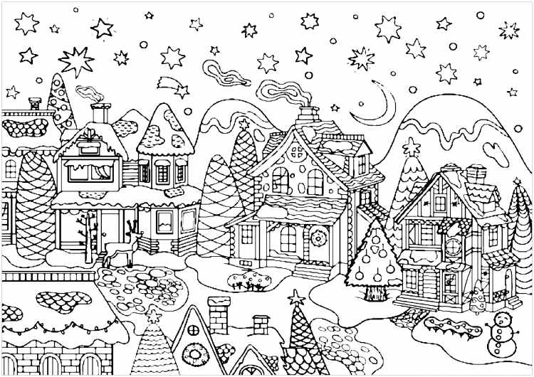 Christmas coloring pages adults printable free Christmas village