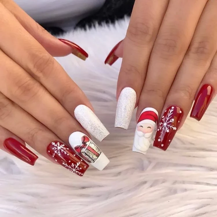 Christmas manicure Santa Claus gifts and snowflakes red and white nail art