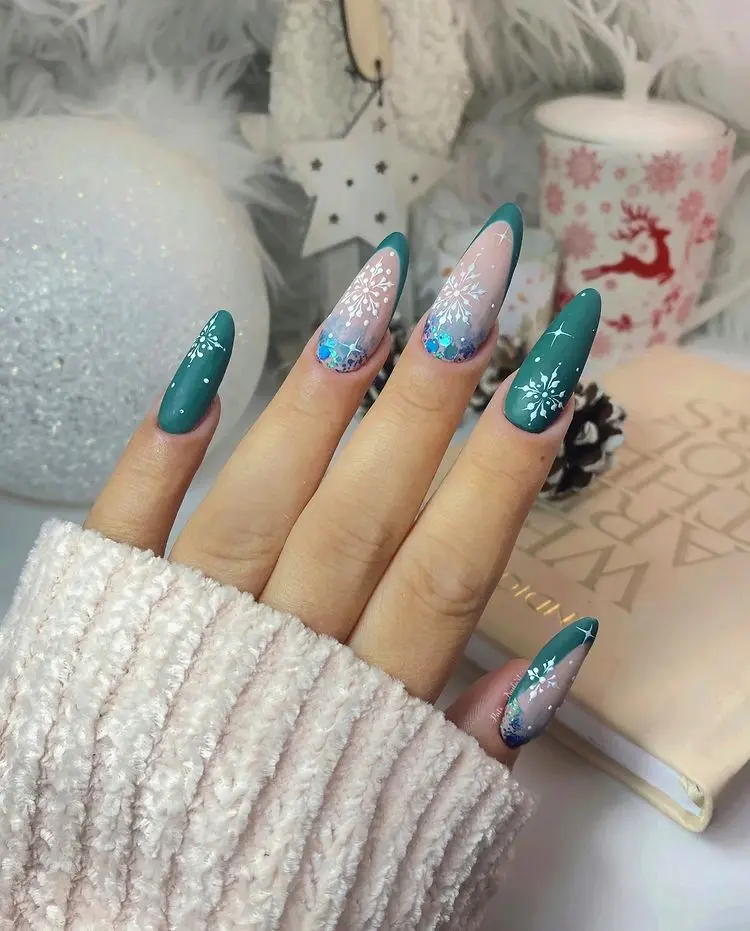 Christmas nails decoration with snowflakes long nail art design ideas