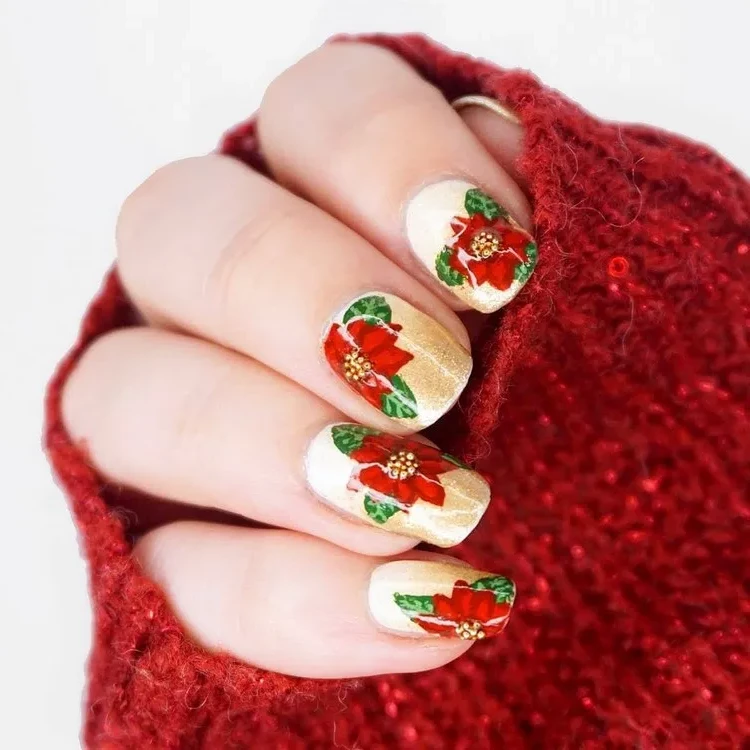 Christmas nails red and gold nail art poinsettia