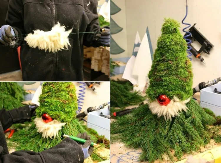 Gnomes from fir tree branches as Christmas outdoor decoration craft ideas