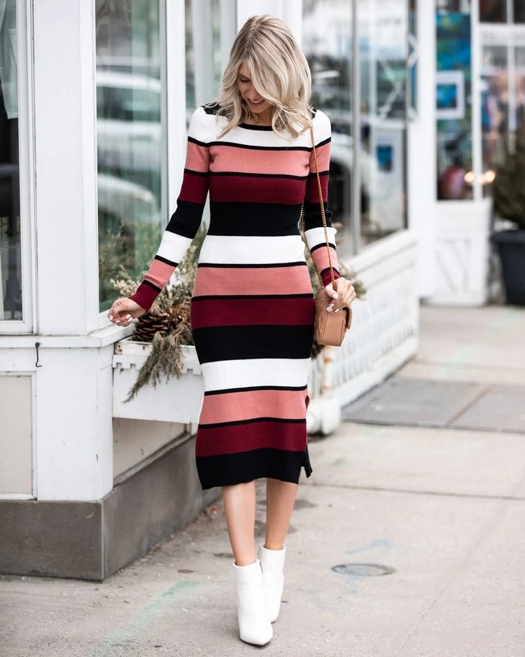 Hip fashion for the cold months midi sweater dress with white booties
