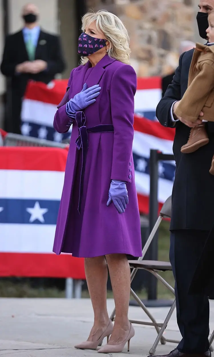 Jill Biden first lady outfits purple coat leather gloves trends in fashion inspiration for women over 60