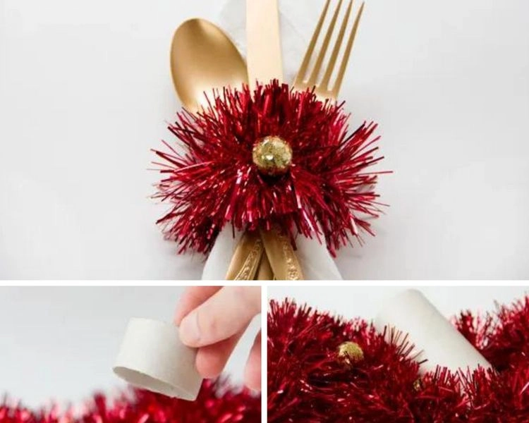 Super easy DIY Christmas napkin rings with tinsel
