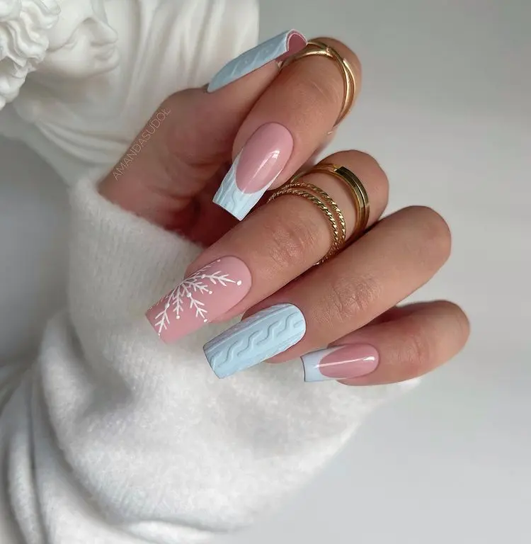 baby blue nails french manicure snowflakes christmas decoration sweater
