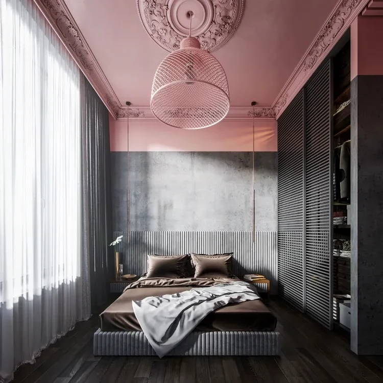 tendencias de decoración de dormitorio 2023 rosa pastel gris industrial chic