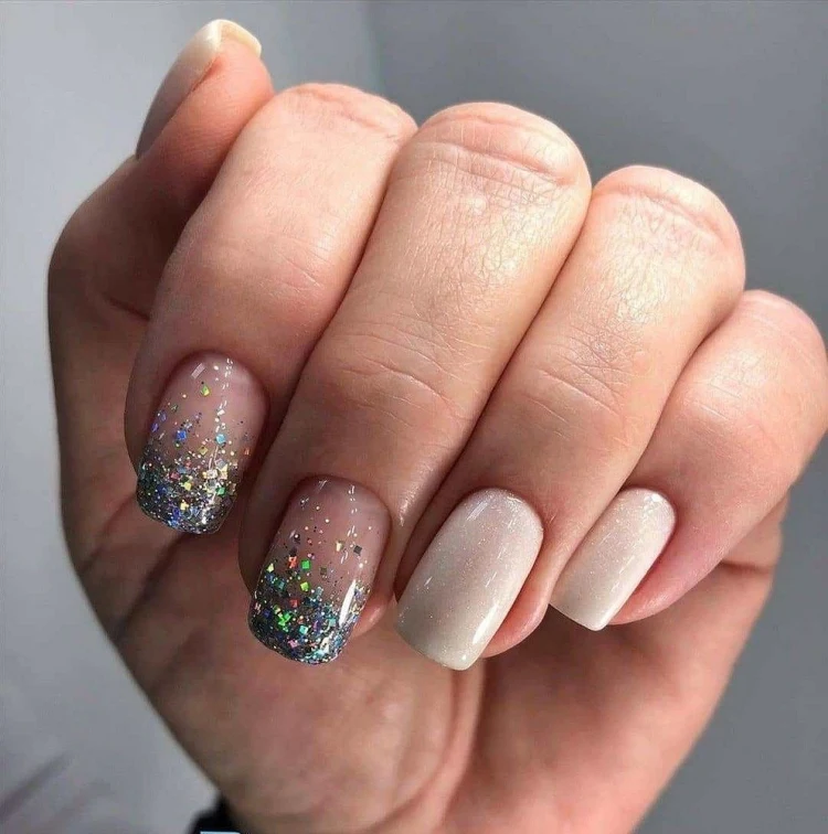 beige glossy color glitter nails of various colors trendy nail design