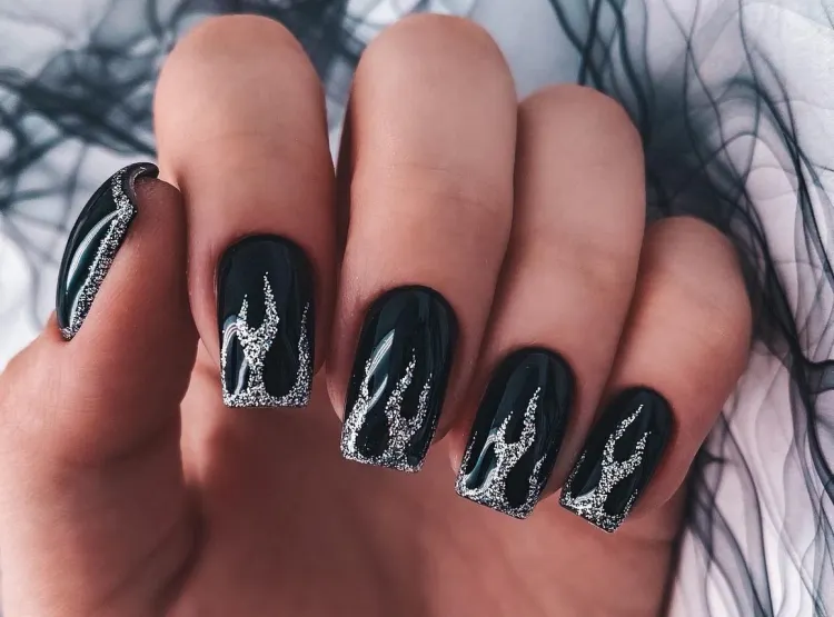 black medium length square finger nails silver glitter on top flames christmas 2022