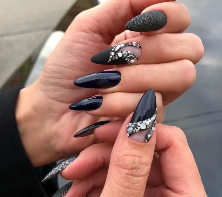 black silver glitter manicure rhinestones different size color long nails