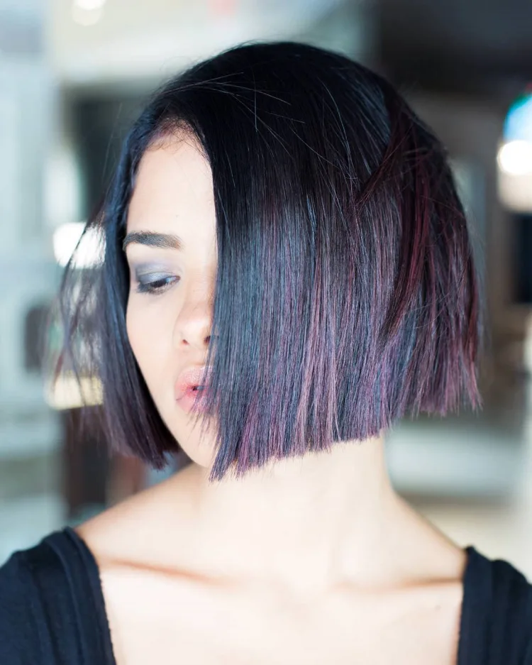 black straight short hair with purple and blue highlights