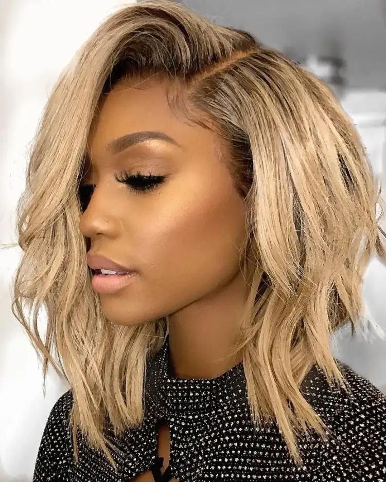 blonde weave bob layered hair side parted trendy messy look beautiful waves